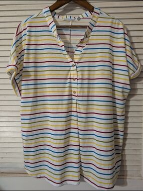 Notations White Multi-Stripe Short Sleeve Henley Top